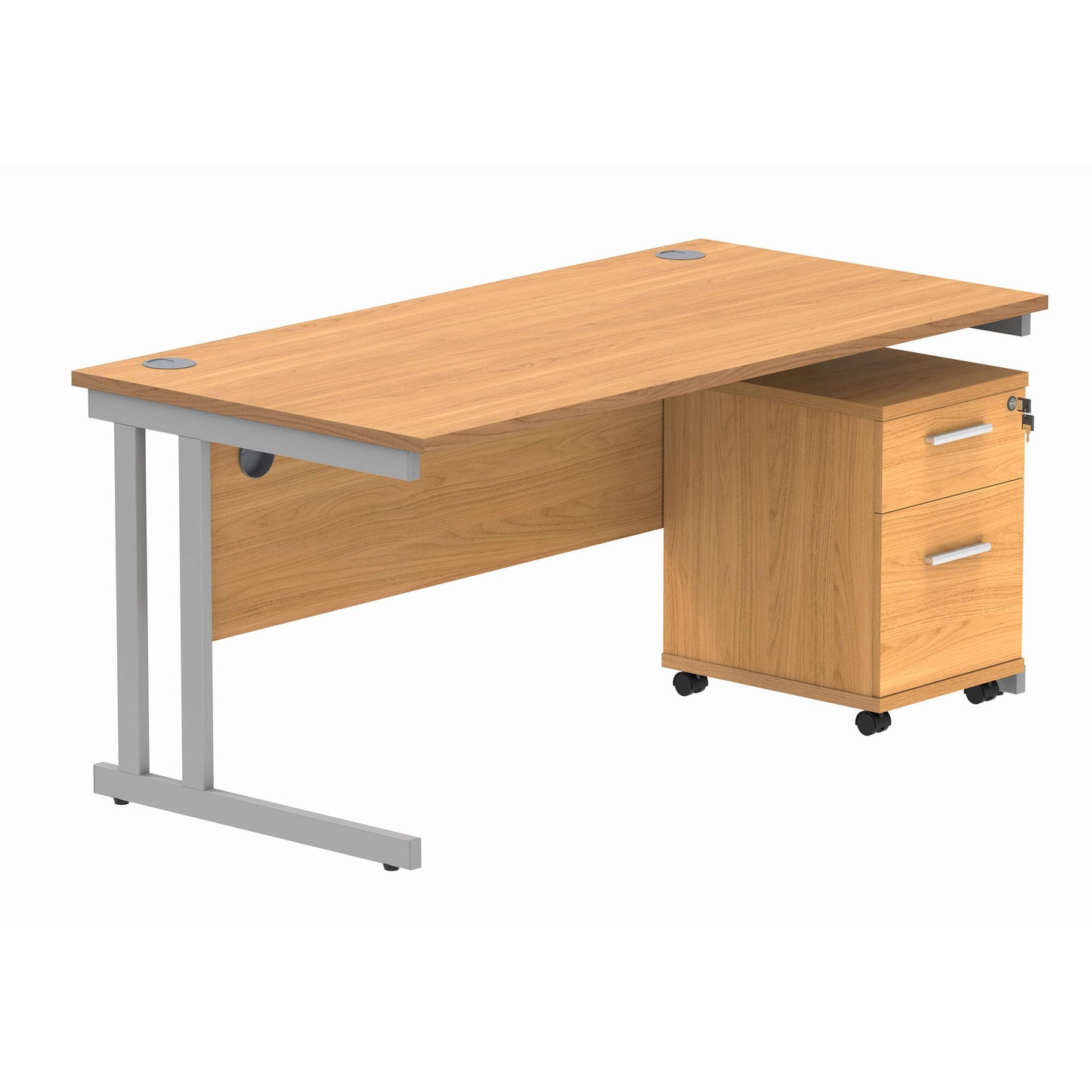 Double Upright Rectangular Desk + 2 Drawer Mobile Under Desk Pedestal (FSC) | 1600X800 | Norwegian Beech/Silver