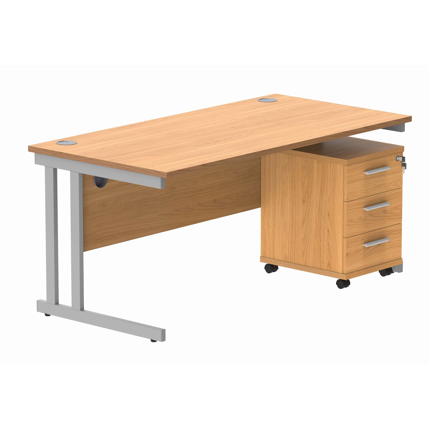 Double Upright Rectangular Desk + 3 Drawer Mobile Under Desk Pedestal (FSC) | 1600X800 | Norwegian Beech/Silver