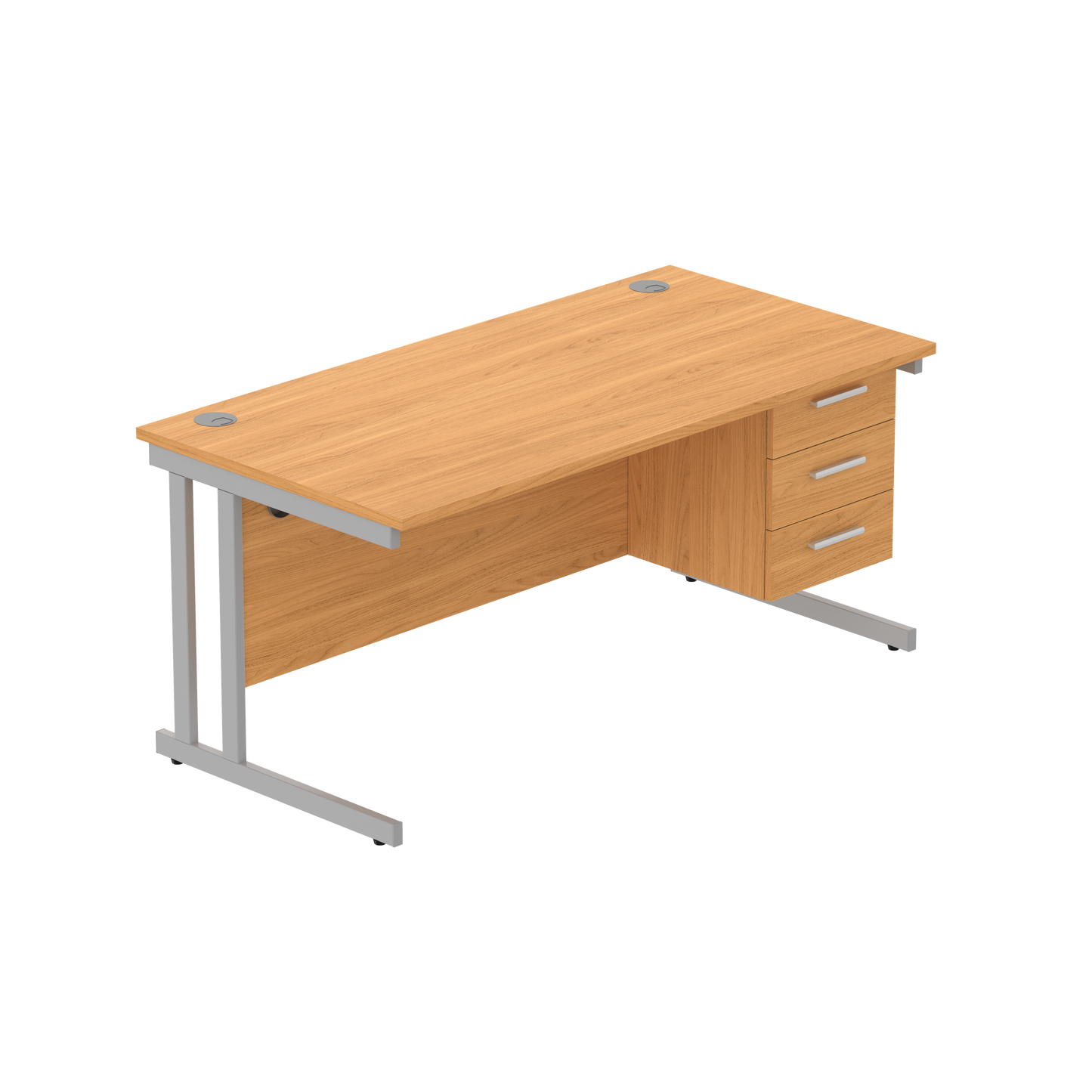Office Rectangular Desk with Steel Double Upright Cantilever Legs + 3 Drawer Fixed Pedestal (FSC) | 1600X800 | Norwegian Beech/Silver