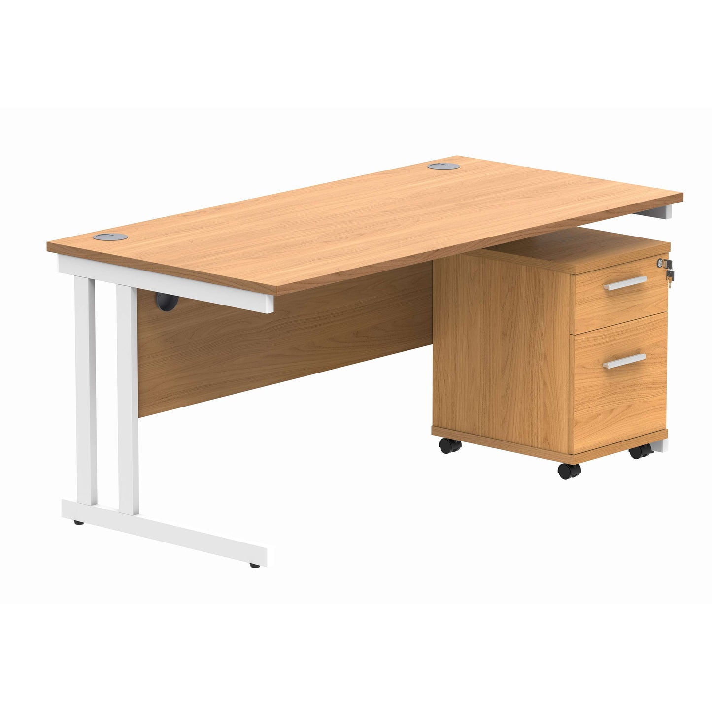 Double Upright Rectangular Desk + 2 Drawer Mobile Under Desk Pedestal (FSC) | 1600X800 | Norwegian Beech/White