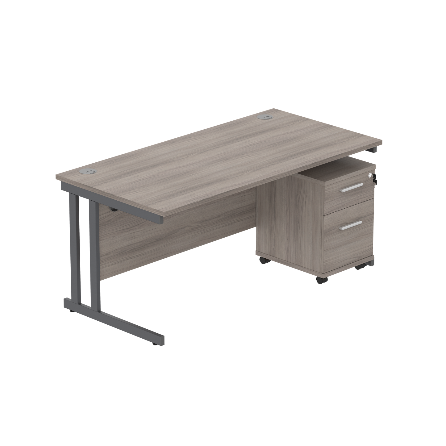 Double Upright Rectangular Desk + 2 Drawer Mobile Under Desk Pedestal (FSC) | 1600X800 | Alaskan Grey Oak/Graphite