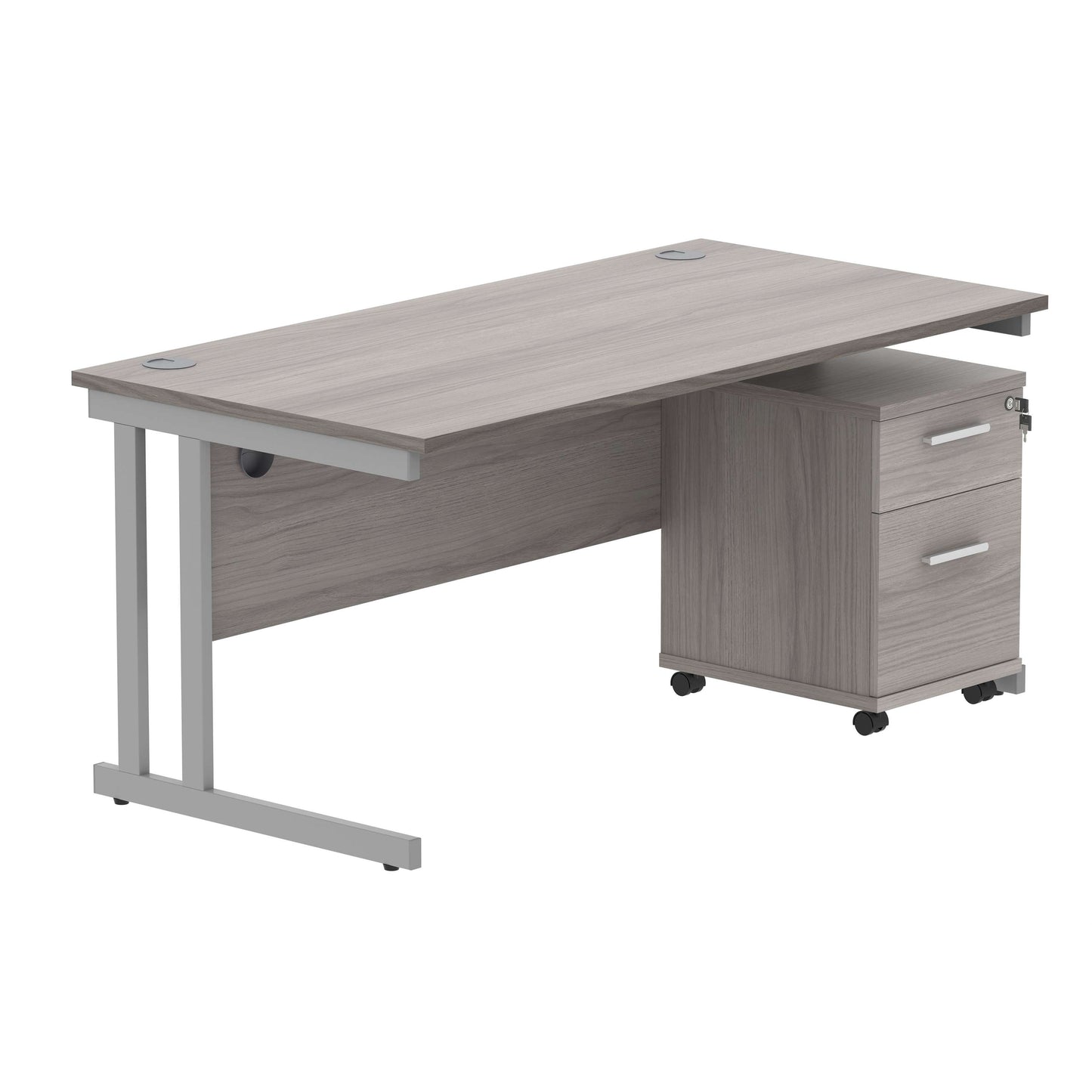 Double Upright Rectangular Desk + 2 Drawer Mobile Under Desk Pedestal (FSC) | 1600X800 | Alaskan Grey Oak/Silver