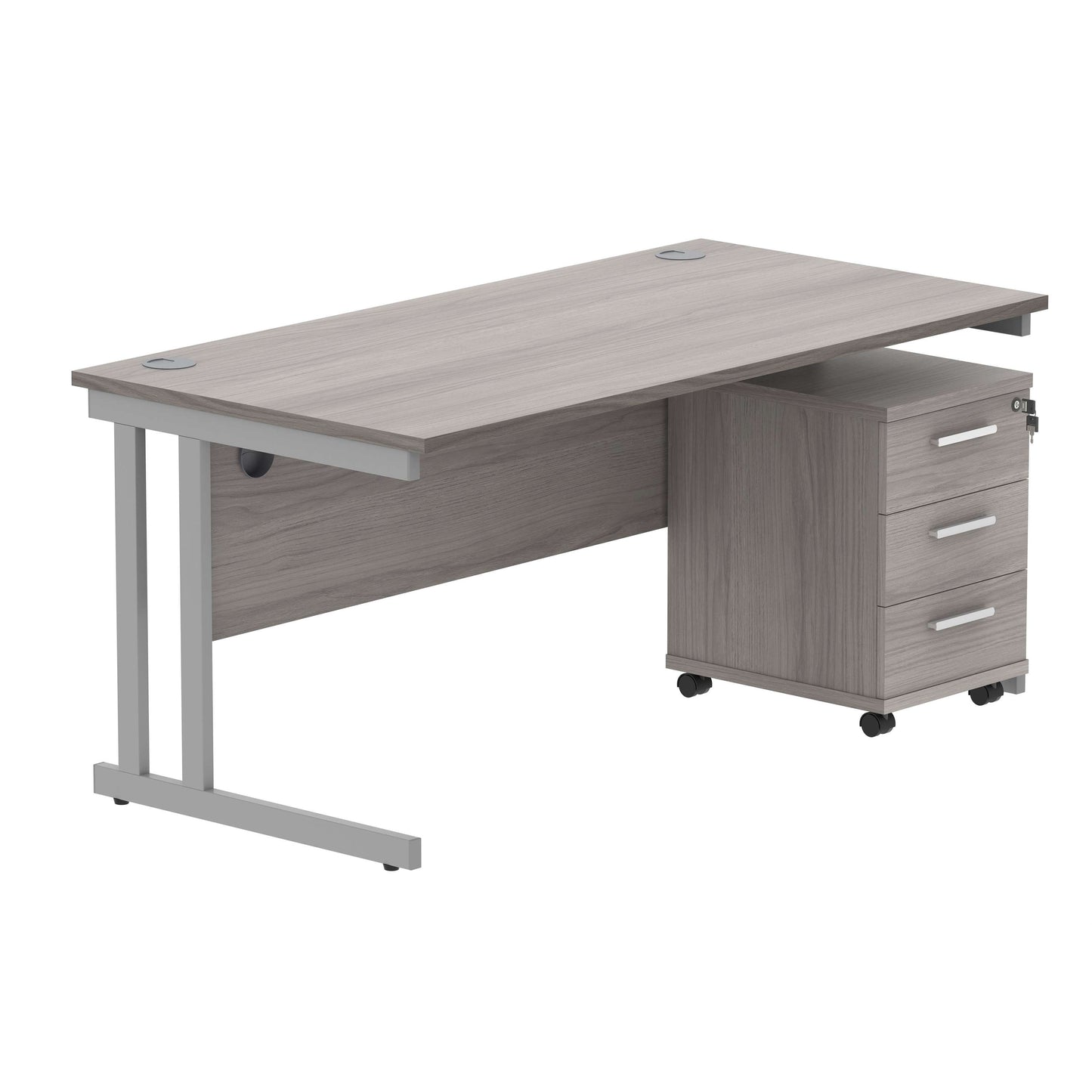 Double Upright Rectangular Desk + 3 Drawer Mobile Under Desk Pedestal (FSC) | 1600X800 | Alaskan Grey Oak/Silver
