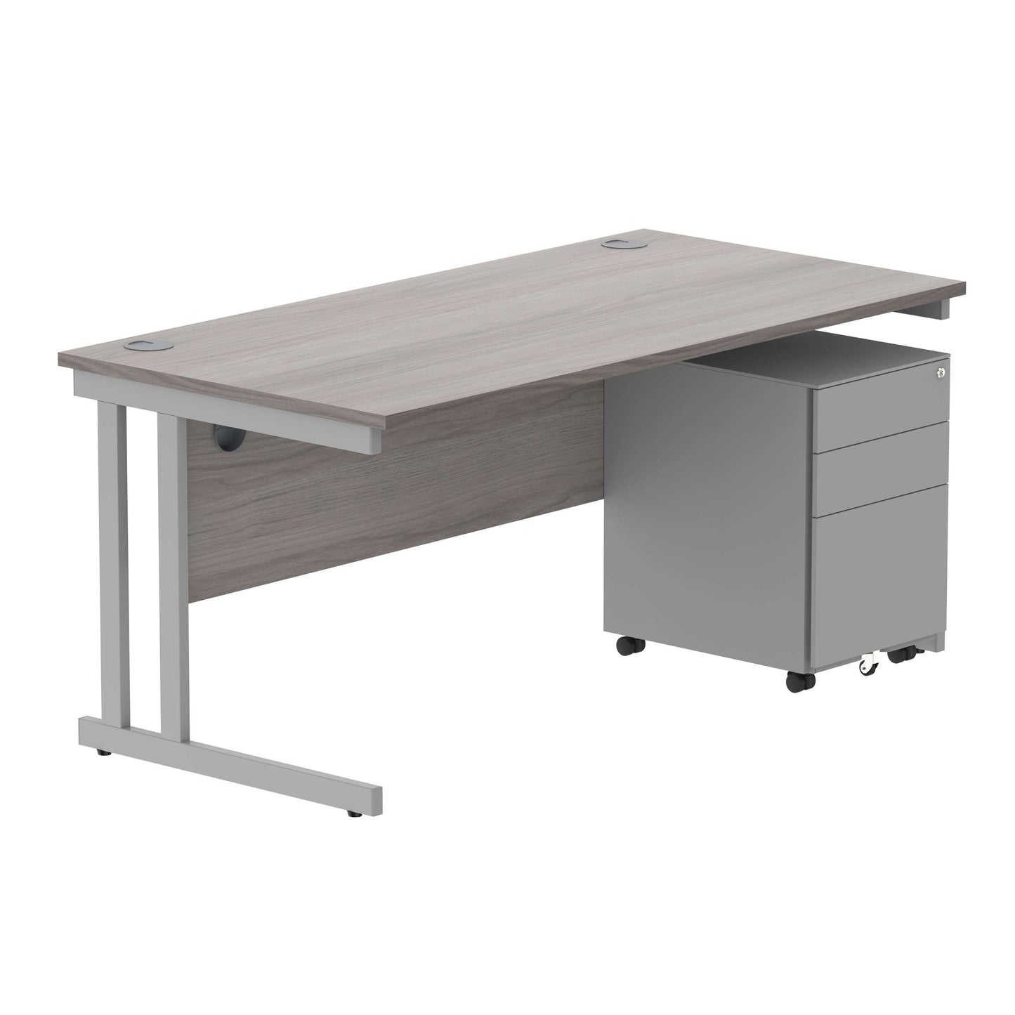 Double Upright Rectangular Desk + Under Desk Steel Pedestal 3 Drawers (FSC) | 1600X800 | Alaskan Grey Oak/Silver