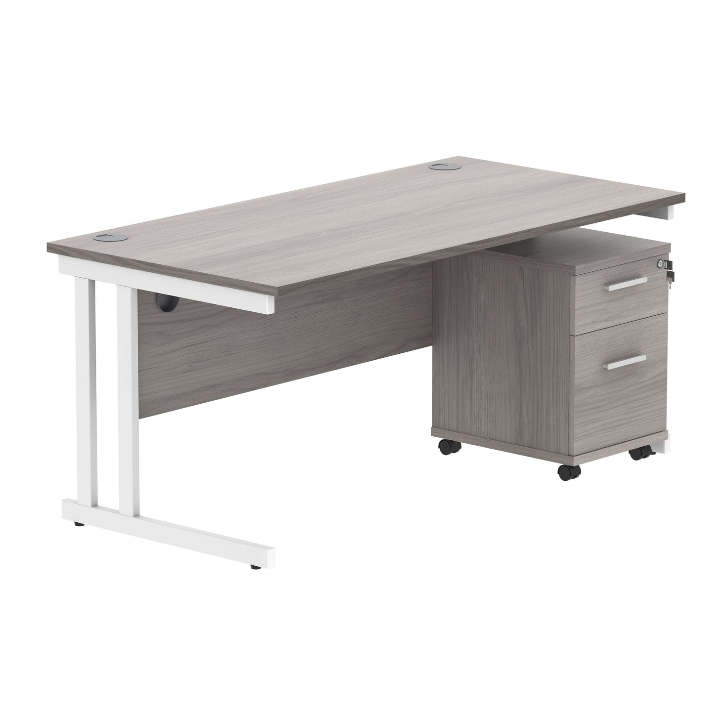 Double Upright Rectangular Desk + 2 Drawer Mobile Under Desk Pedestal (FSC) | 1600X800 | Alaskan Grey Oak/White