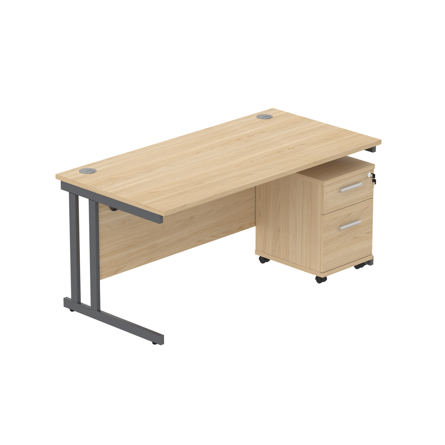 Double Upright Rectangular Desk + 2 Drawer Mobile Under Desk Pedestal (FSC) | 1600X800 | Canadian Oak/Graphite