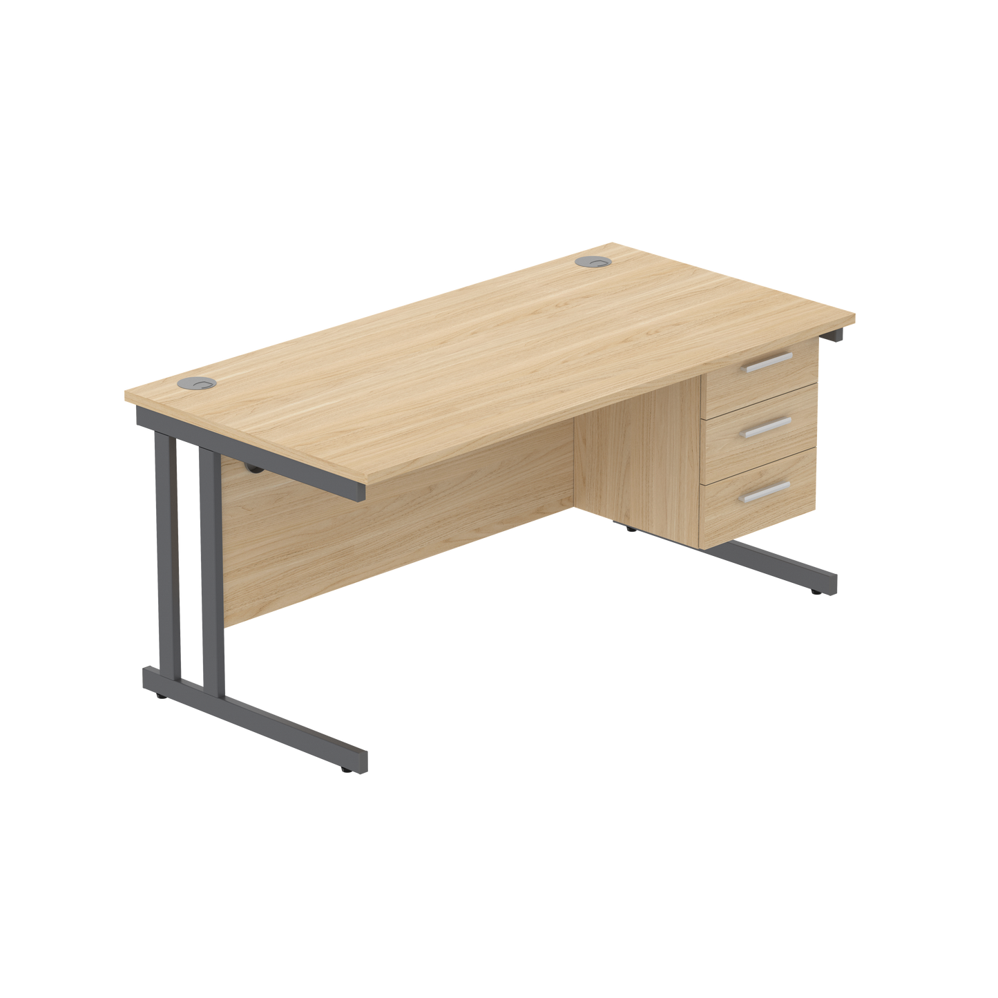 Office Rectangular Desk with Steel Double Upright Cantilever Legs + 3 Drawer Fixed Pedestal (FSC) | 1600X800 | Canadian Oak/Graphite