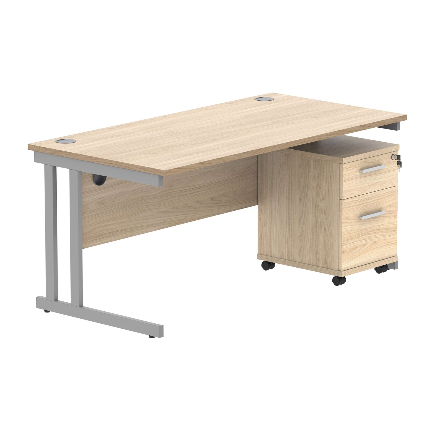 Double Upright Rectangular Desk + 2 Drawer Mobile Under Desk Pedestal (FSC) | 1600X800 | Canadian Oak/Silver