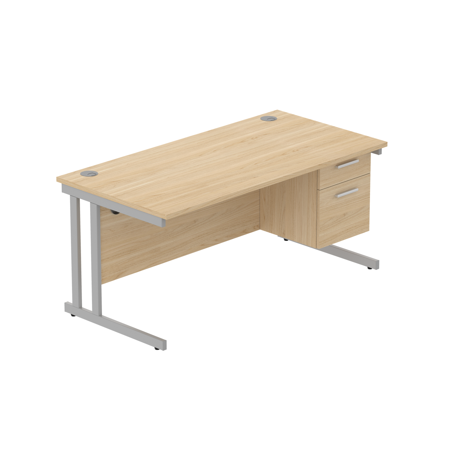 Office Rectangular Desk with Steel Double Upright Cantilever Legs + 2 Drawer Fixed Pedestal (FSC) | 1600X800 | Canadian Oak/Silver