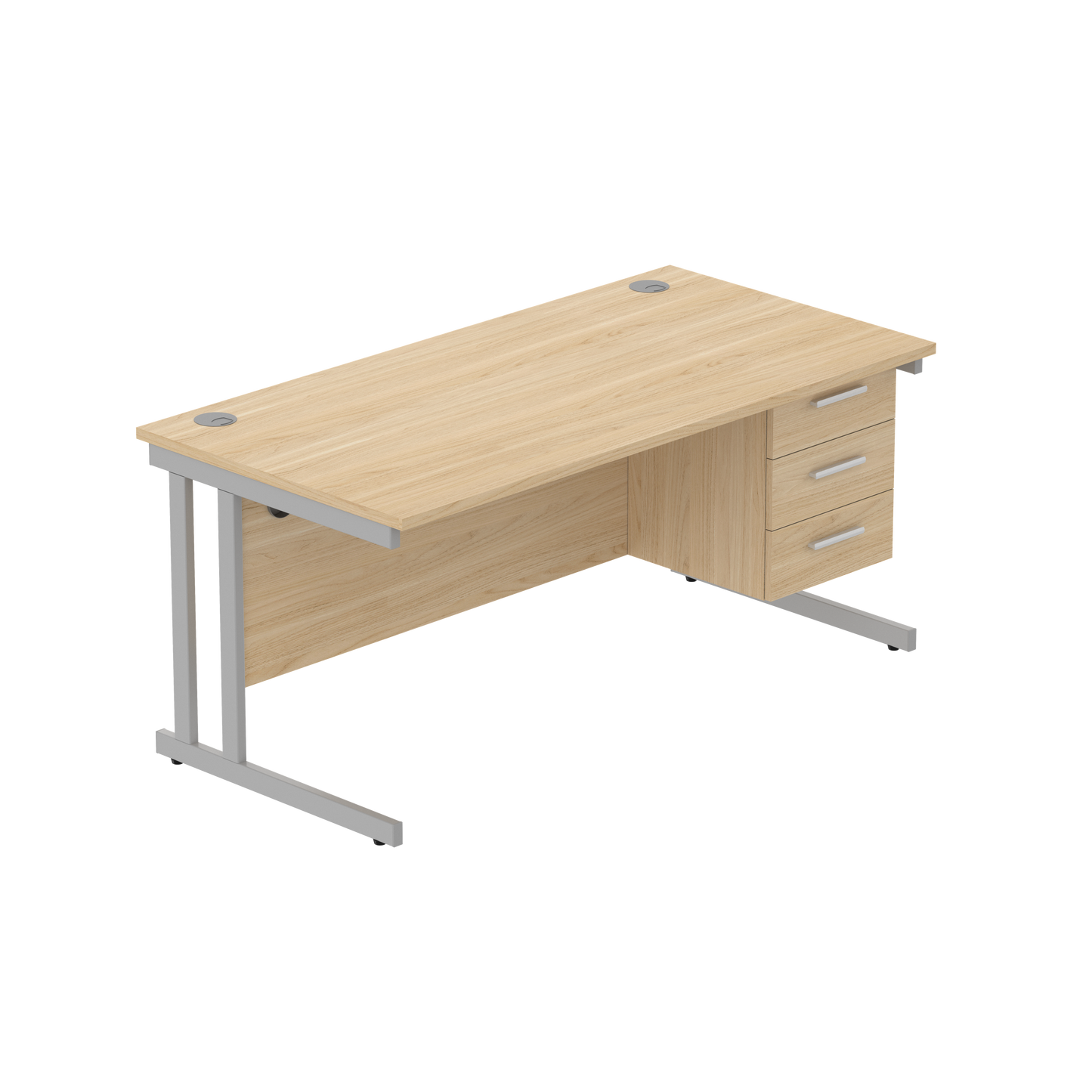Office Rectangular Desk with Steel Double Upright Cantilever Legs + 3 Drawer Fixed Pedestal (FSC) | 1600X800 | Canadian Oak/Silver