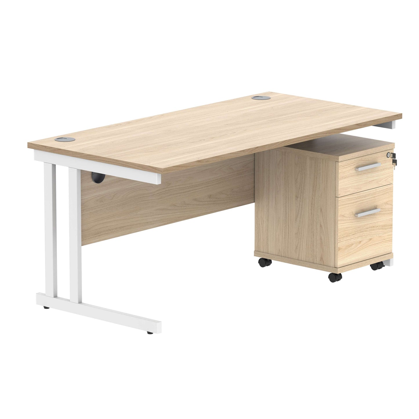 Double Upright Rectangular Desk + 2 Drawer Mobile Under Desk Pedestal (FSC) | 1600X800 | Canadian Oak/White