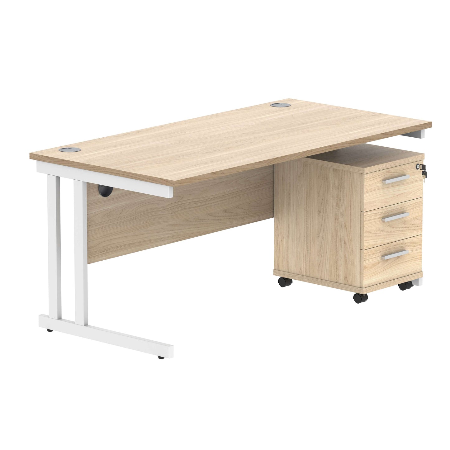 Double Upright Rectangular Desk + 3 Drawer Mobile Under Desk Pedestal (FSC) | 1600X800 | Canadian Oak/White