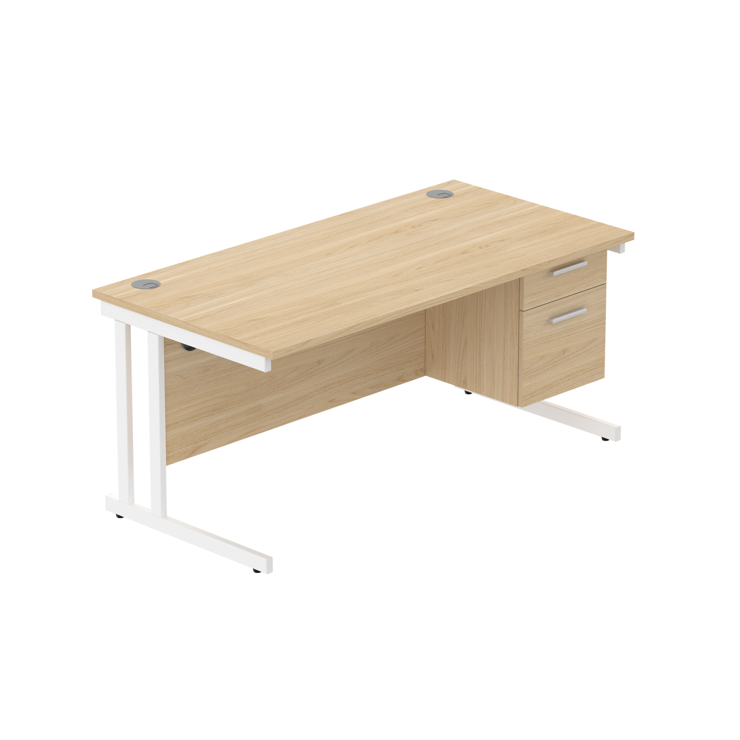Office Rectangular Desk with Steel Double Upright Cantilever Legs + 2 Drawer Fixed Pedestal (FSC) | 1600X800 | Canadian Oak/White