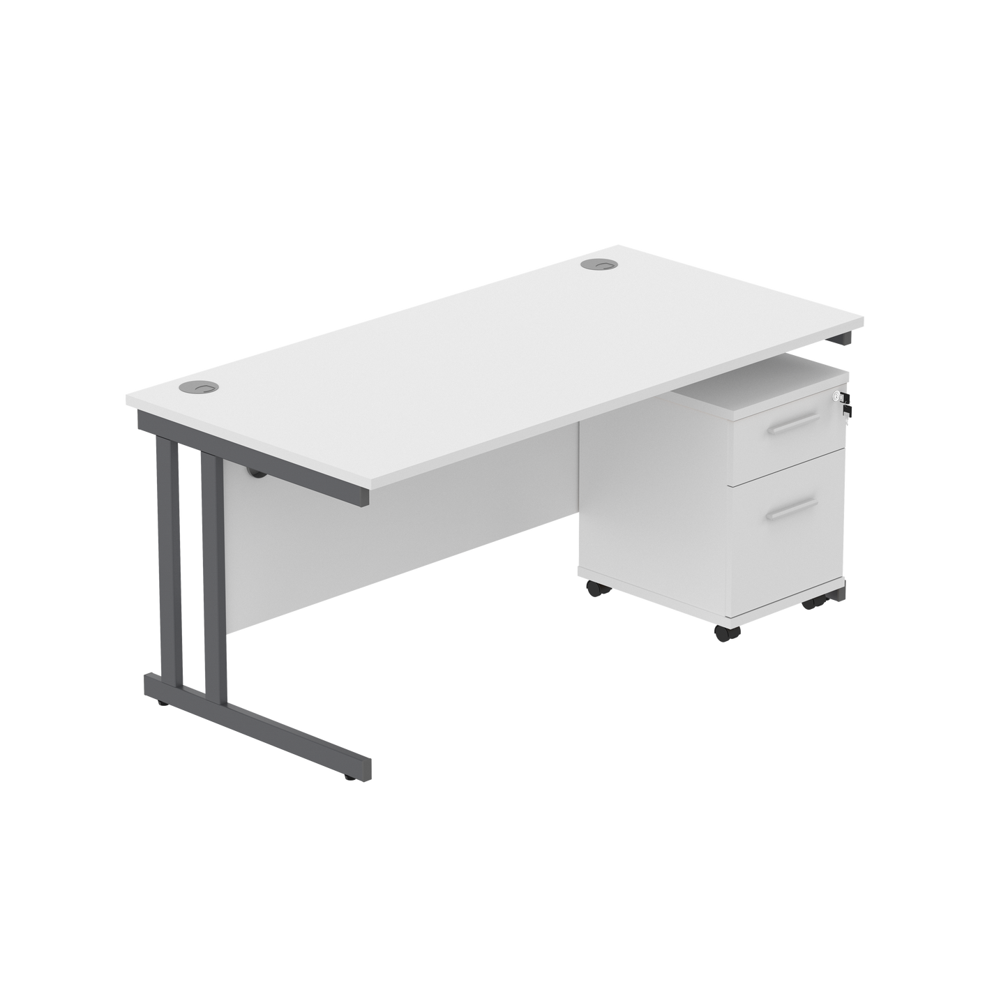 Double Upright Rectangular Desk + 2 Drawer Mobile Under Desk Pedestal (FSC) | 1600X800 | Arctic White/Graphite