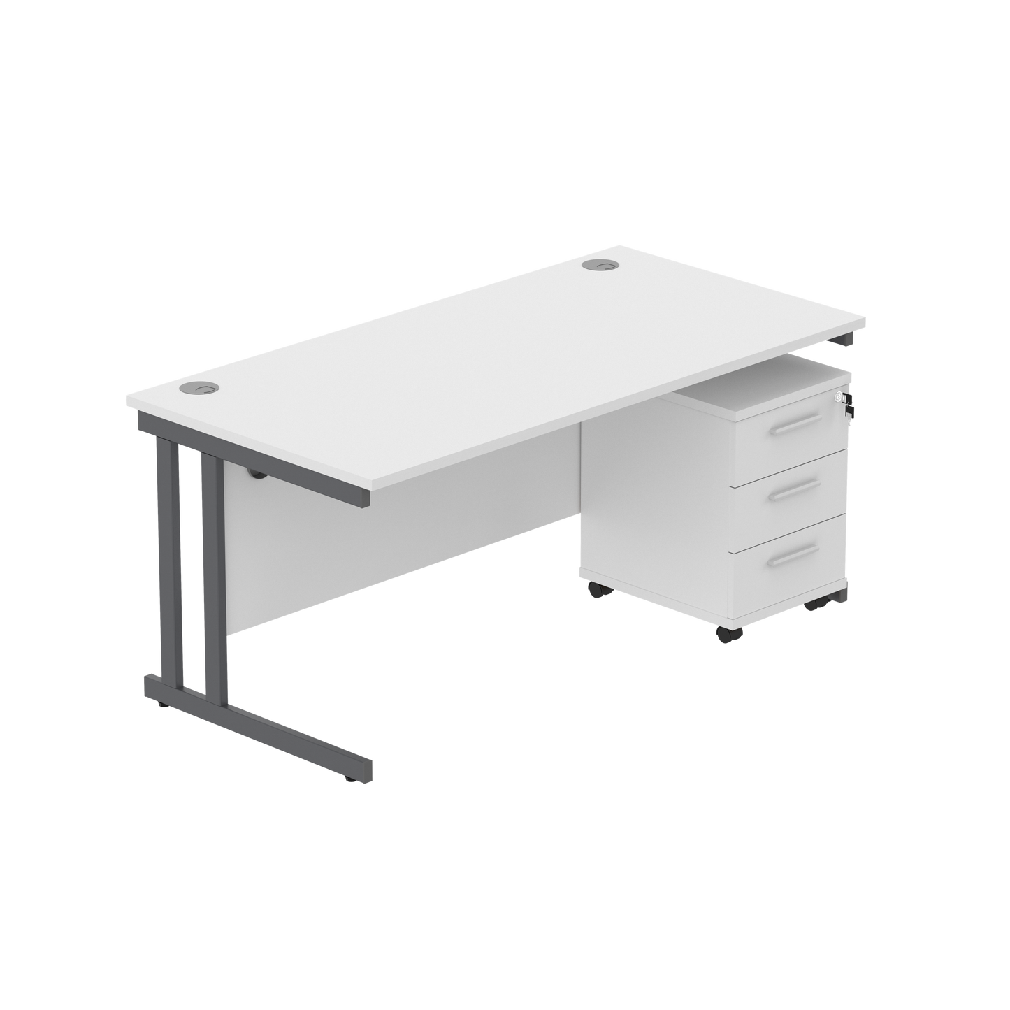 Double Upright Rectangular Desk + 3 Drawer Mobile Under Desk Pedestal (FSC) | 1600X800 | Arctic White/Graphite