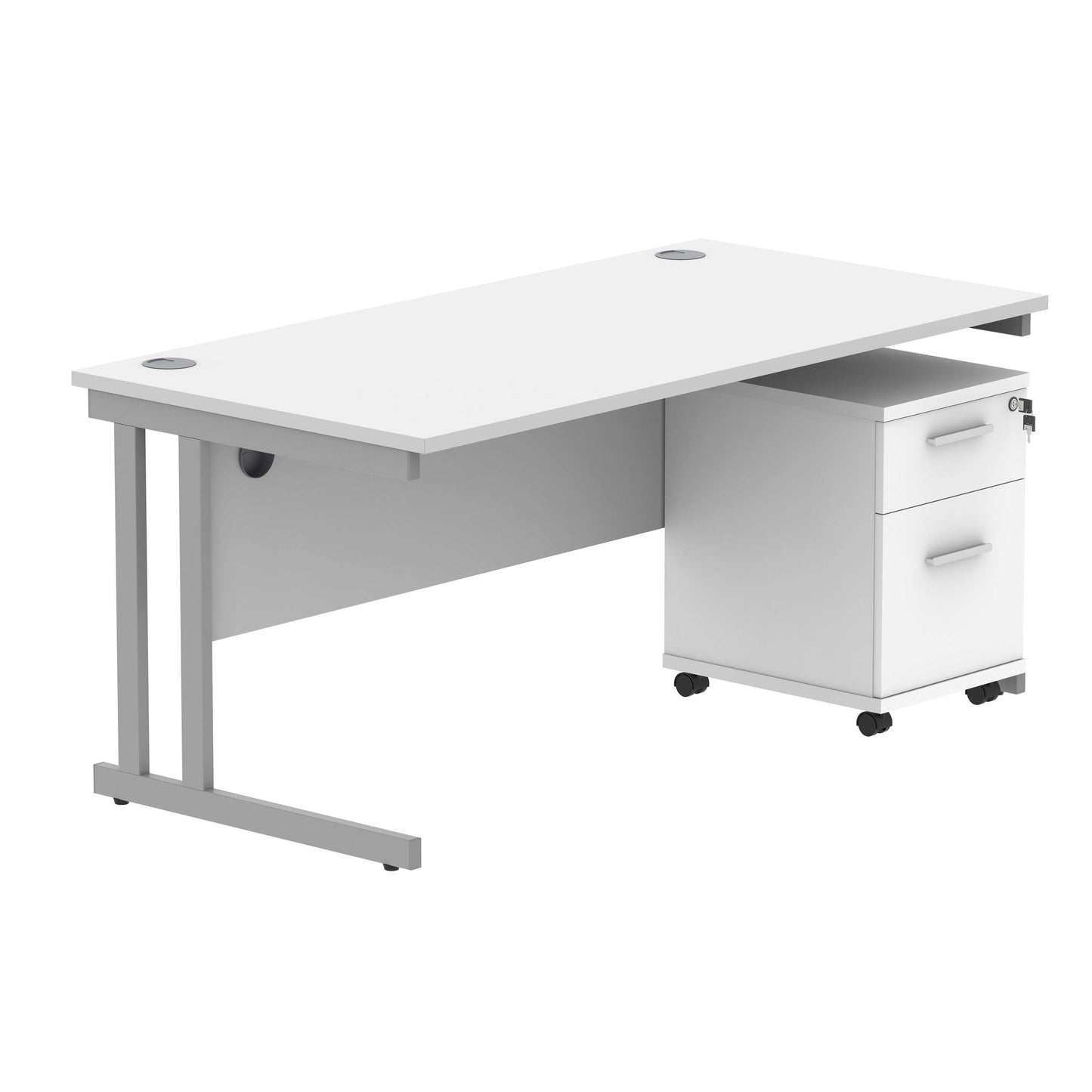 Double Upright Rectangular Desk + 2 Drawer Mobile Under Desk Pedestal (FSC) | 1600X800 | Arctic White/Silver
