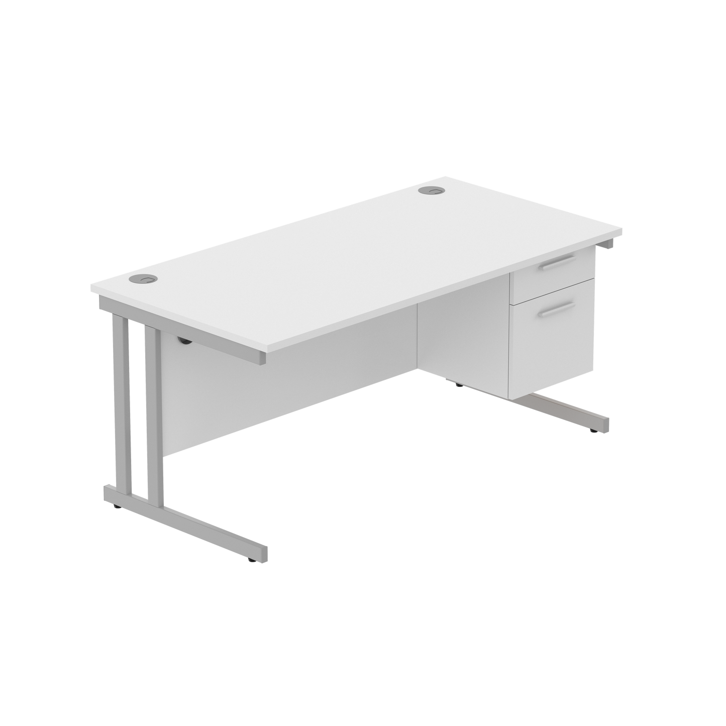 Office Rectangular Desk with Steel Double Upright Cantilever Legs + 2 Drawer Fixed Pedestal (FSC) | 1600X800 | Arctic White/Silver