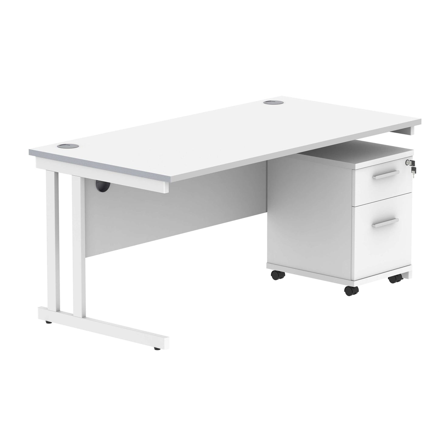 Double Upright Rectangular Desk + 2 Drawer Mobile Under Desk Pedestal (FSC) | 1600X800 | Arctic White/White