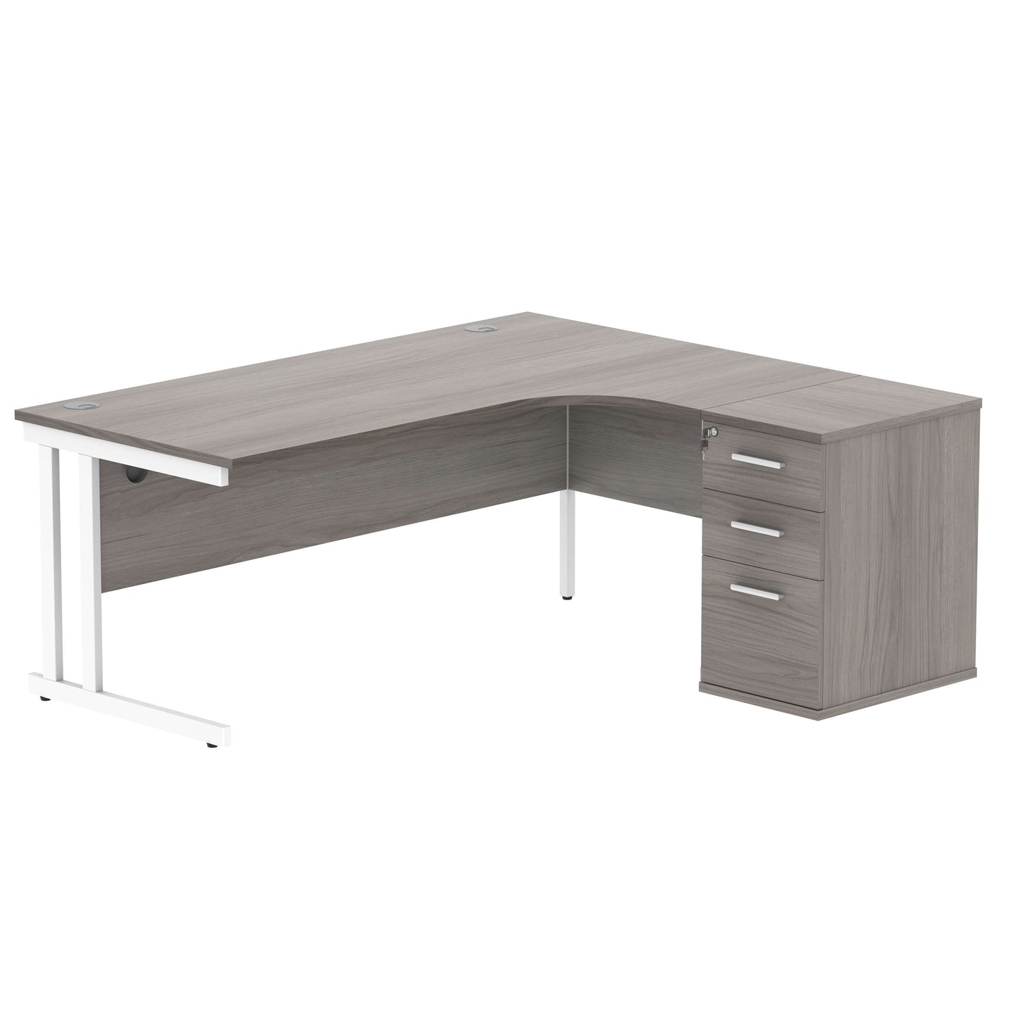 Double Upright Right Hand Radial Desk + Desk High Pedestal (FSC) | 600mm Deep Pedestal | 1800X1200 | Alaskan Grey Oak/White