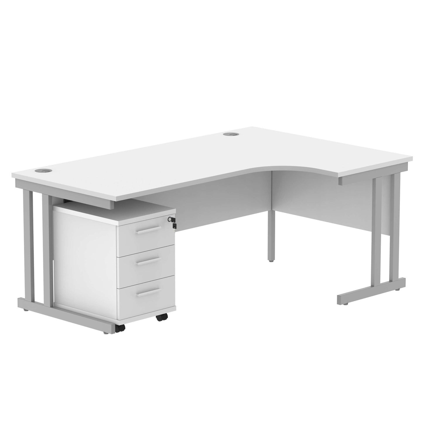 Double Upright Right Hand Radial Desk + 3 Drawer Mobile Under Desk Pedestal (FSC) | 1800X1200 | Arctic White/Silver