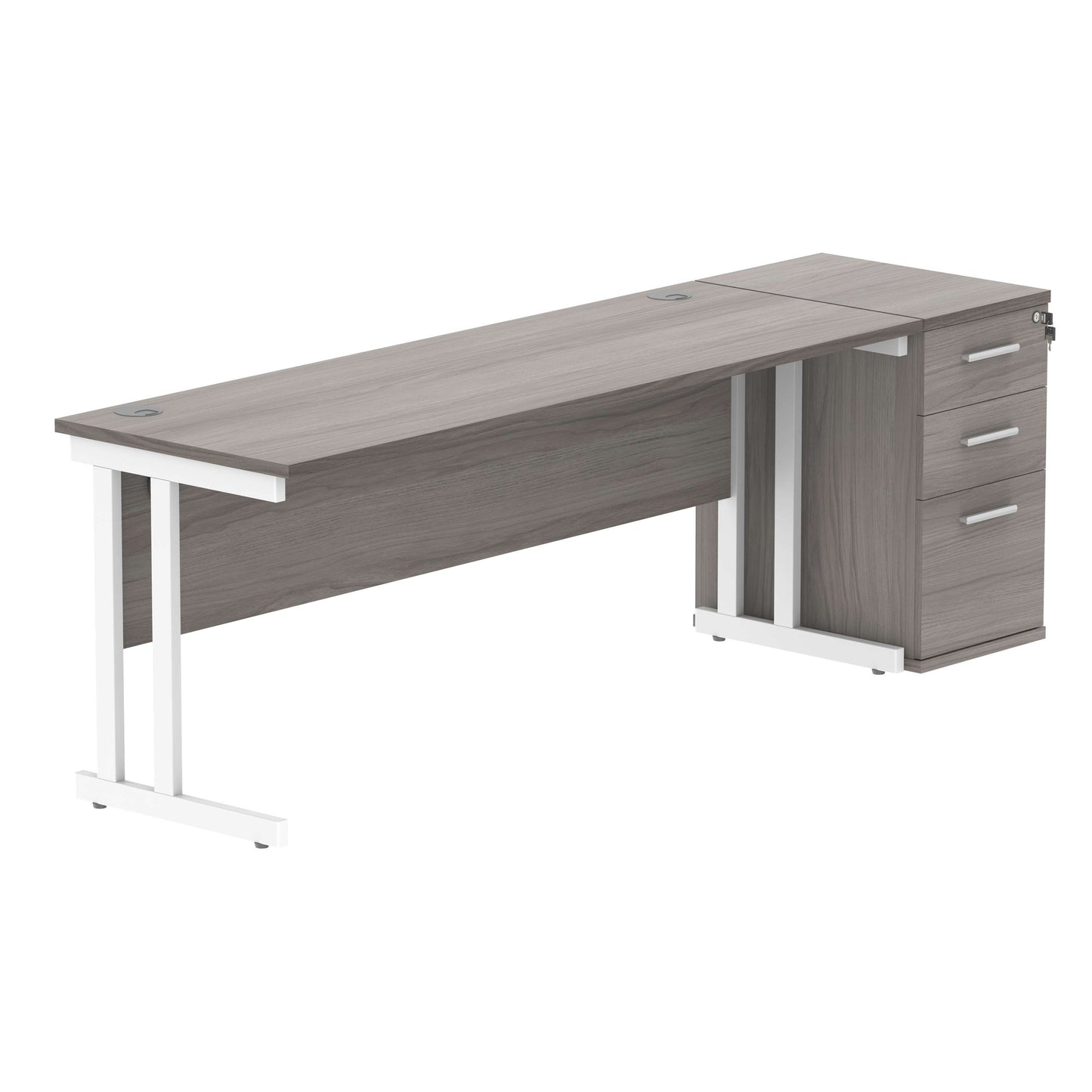 Double Upright Rectangular Desk + Desk High Pedestal (FSC) | 1800X600 | Alaskan Grey Oak/White