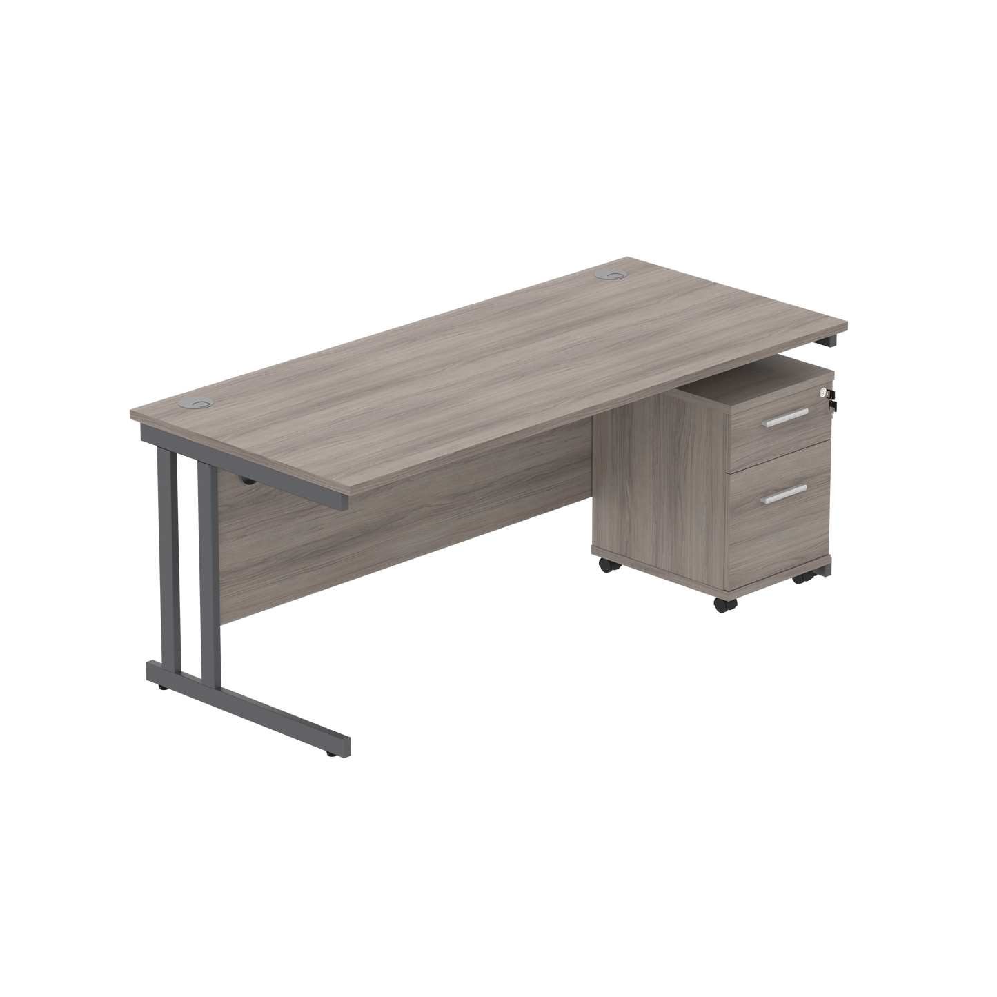 Double Upright Rectangular Desk + 2 Drawer Mobile Under Desk Pedestal (FSC) | 1800X800 | Alaskan Grey Oak/Graphite
