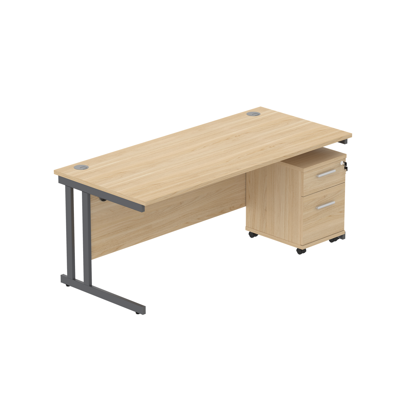 Double Upright Rectangular Desk + 2 Drawer Mobile Under Desk Pedestal (FSC) | 1800X800 | Canadian Oak/Graphite