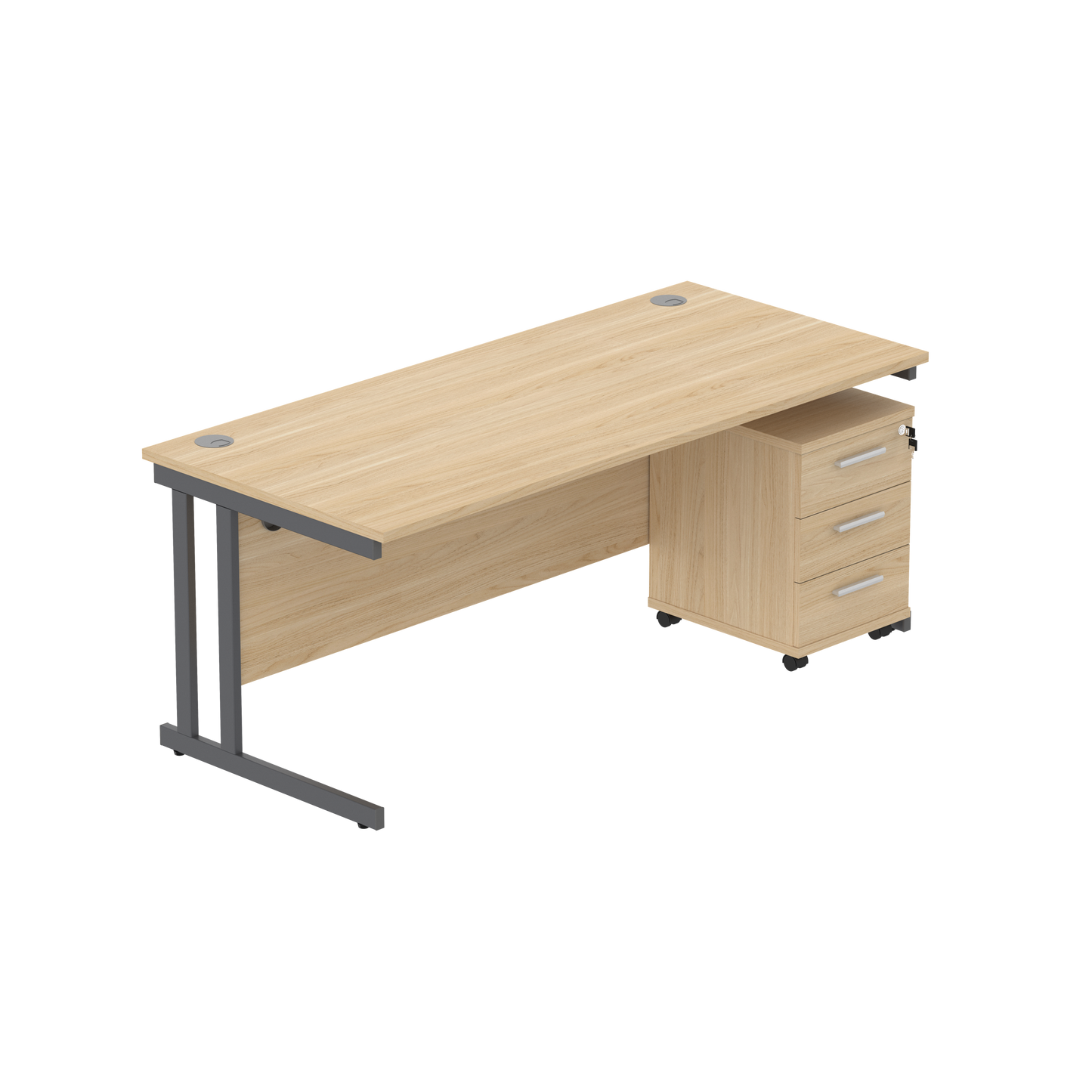 Double Upright Rectangular Desk + 3 Drawer Mobile Under Desk Pedestal (FSC) | 1800X800 | Canadian Oak/Graphite