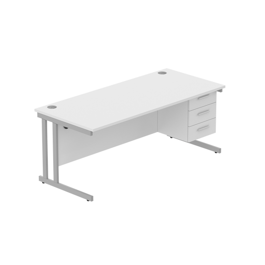 Office Rectangular Desk with Steel Double Upright Cantilever Legs + 3 Drawer Fixed Pedestal (FSC) | 1800X800 | Arctic White/Silver