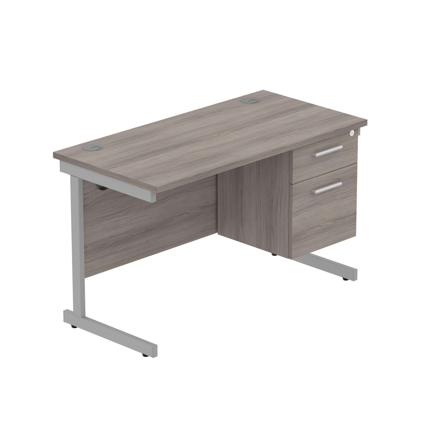 Office Rectangular Desk with Steel Single Upright Cantilever Legs + 2 Drawer Fixed Pedestal (FSC) | 1200X600 | Alaskan Grey Oak/Silver