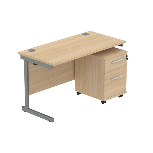Single Upright Rectangular Desk + 2 Drawer Mobile Under Desk Pedestal (FSC) | 1200 X 600 | Canadian Oak/Graphite