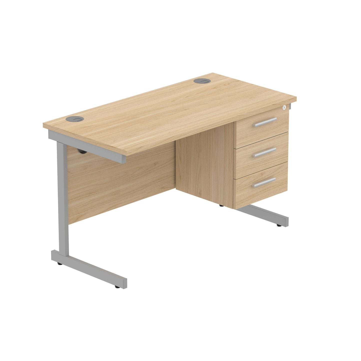 Office Rectangular Desk with Steel Single Upright Cantilever Legs + 3 Drawer Fixed Pedestal (FSC) | 1200X600 | Canadian Oak/Silver