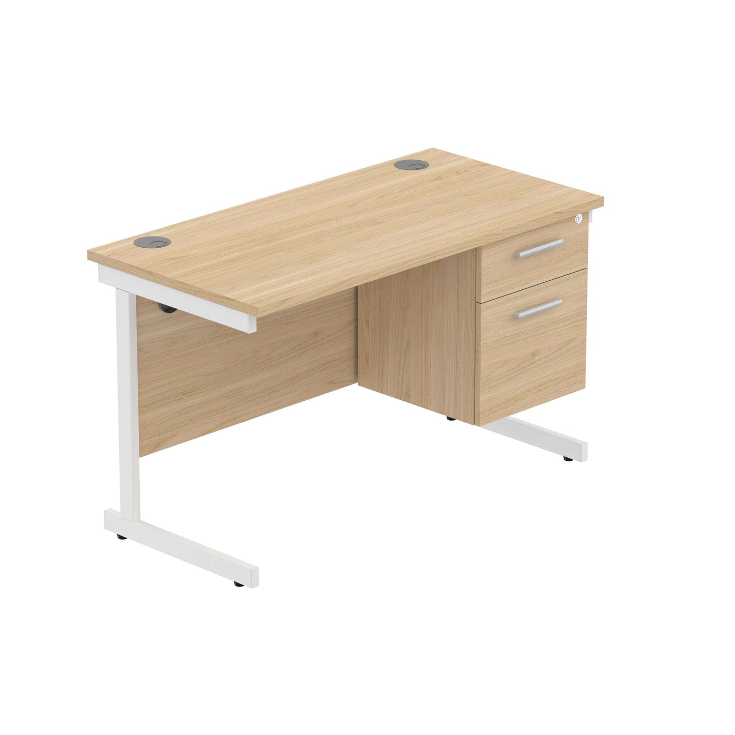 Office Rectangular Desk with Steel Single Upright Cantilever Legs + 2 Drawer Fixed Pedestal (FSC) | 1200X600 | Canadian Oak/White