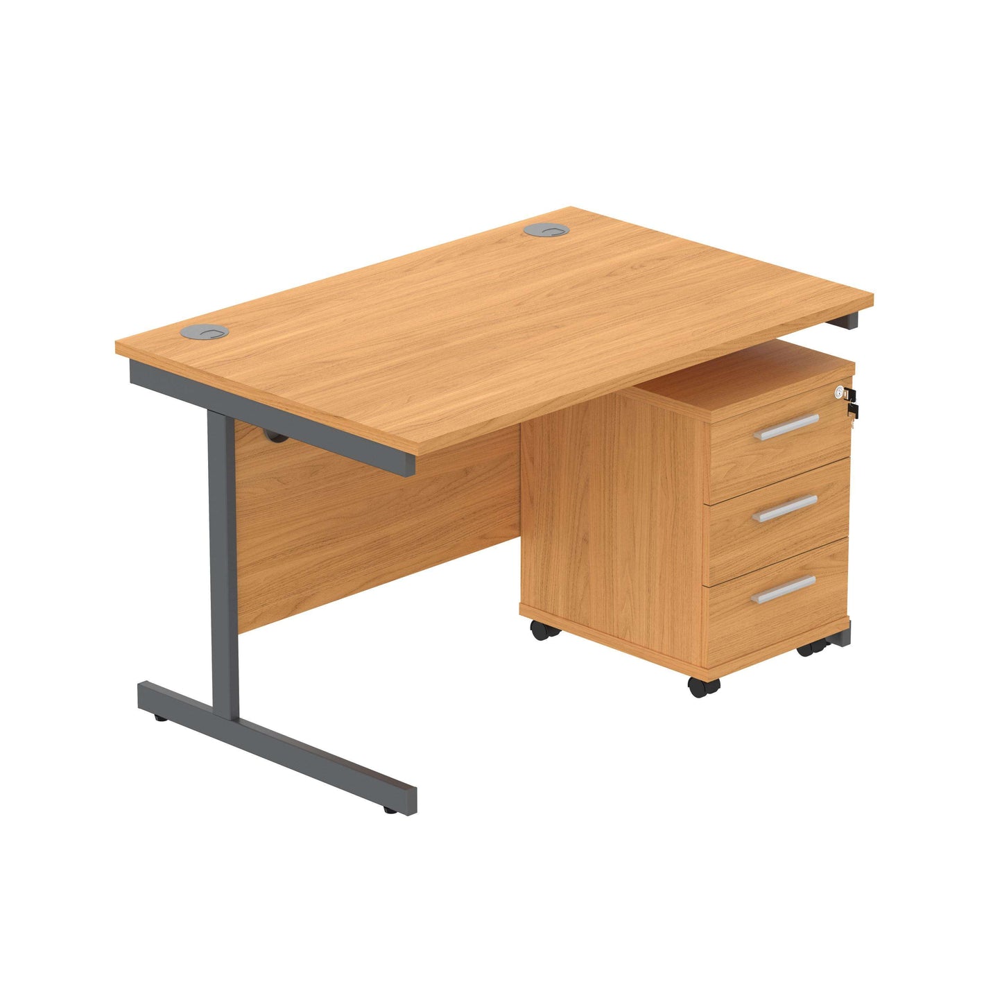 Single Upright Rectangular Desk + 3 Drawer Mobile Under Desk Pedestal (FSC) | 1200 X 800 | Norwegian Beech/Graphite