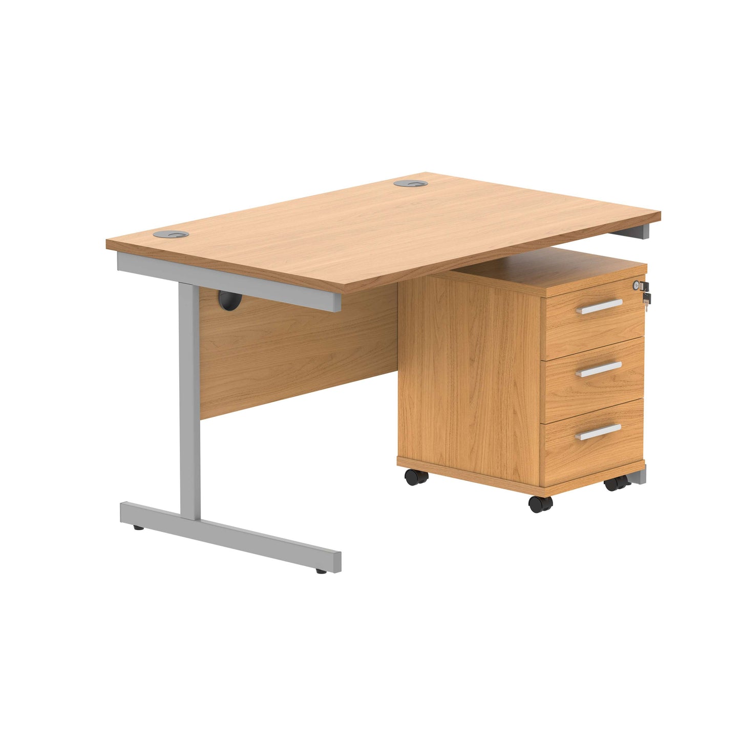 Single Upright Rectangular Desk + 2 Drawer Mobile Under Desk Pedestal (FSC) | 1200 X 800 | Norwegian Beech/Silver