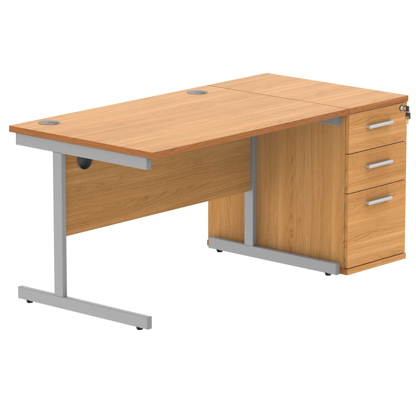 Single Upright Rectangular Desk + Desk High Pedestal (FSC) | 1200 X 800 | Norwegian Beech/Silver