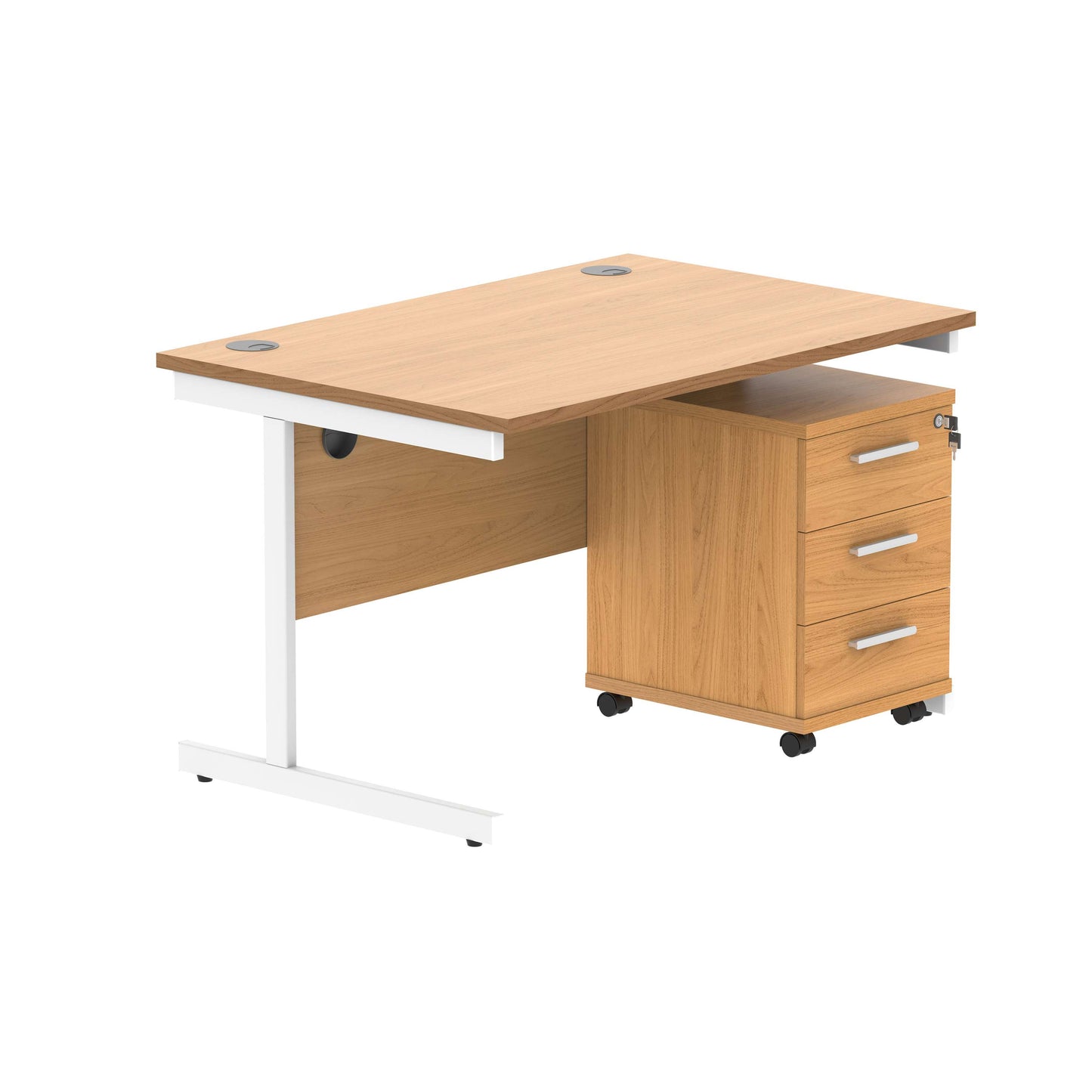 Single Upright Rectangular Desk + 3 Drawer Mobile Under Desk Pedestal (FSC) | 1200 X 800 | Norwegian Beech/White