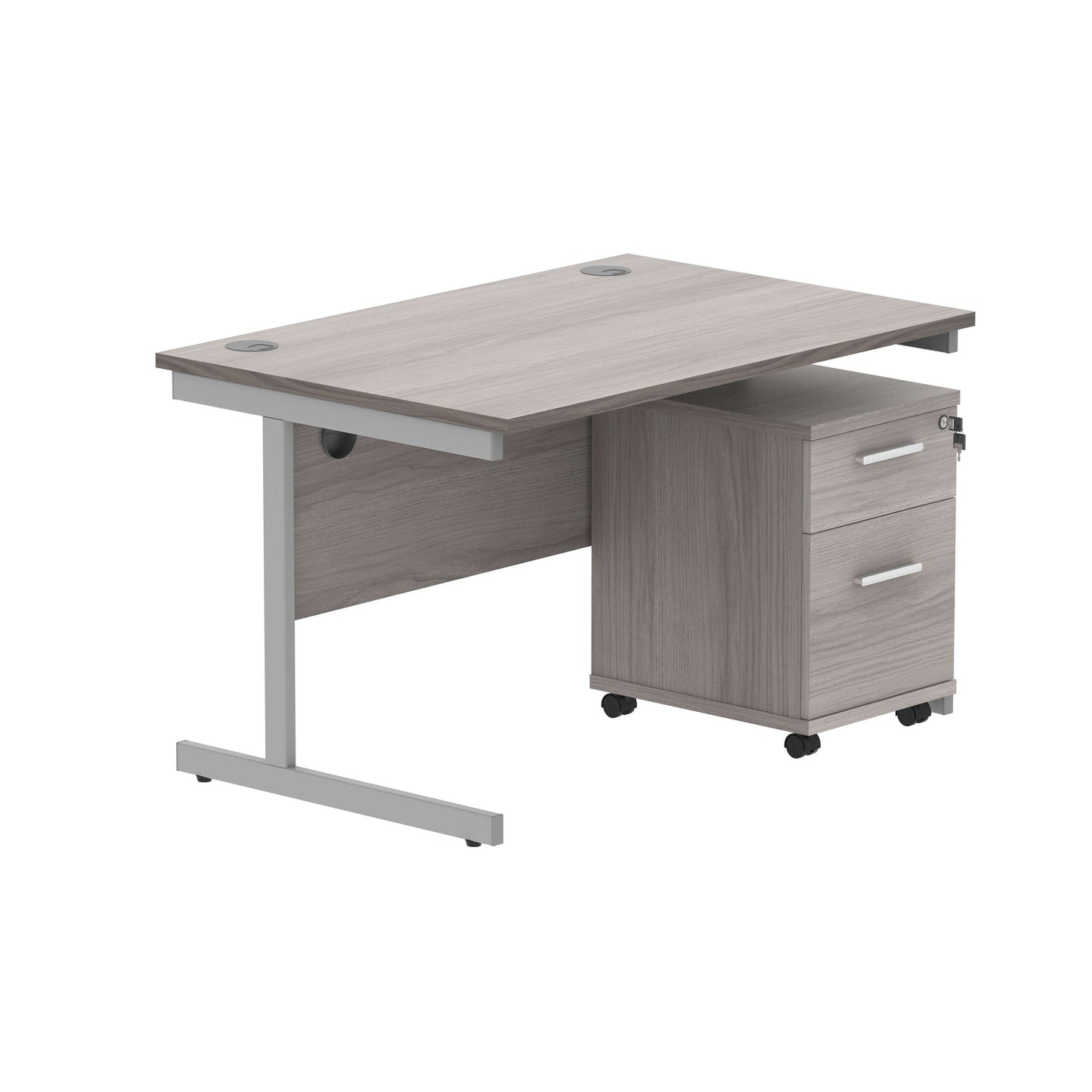 Single Upright Rectangular Desk + 2 Drawer Mobile Under Desk Pedestal (FSC) | 1200 X 800 | Alaskan Grey Oak/Silver