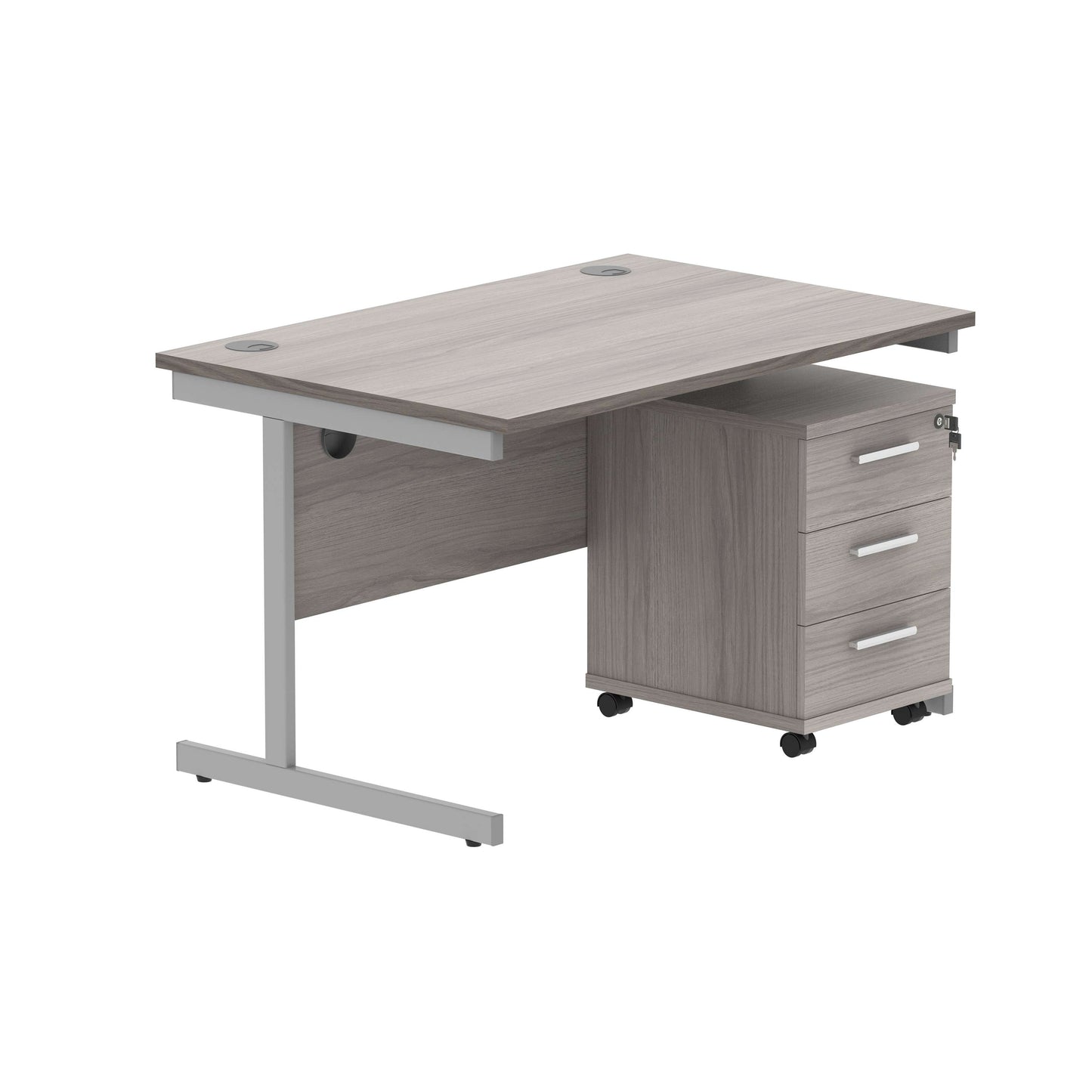 Single Upright Rectangular Desk + 3 Drawer Mobile Under Desk Pedestal (FSC) | 1200 X 800 | Alaskan Grey Oak/Silver