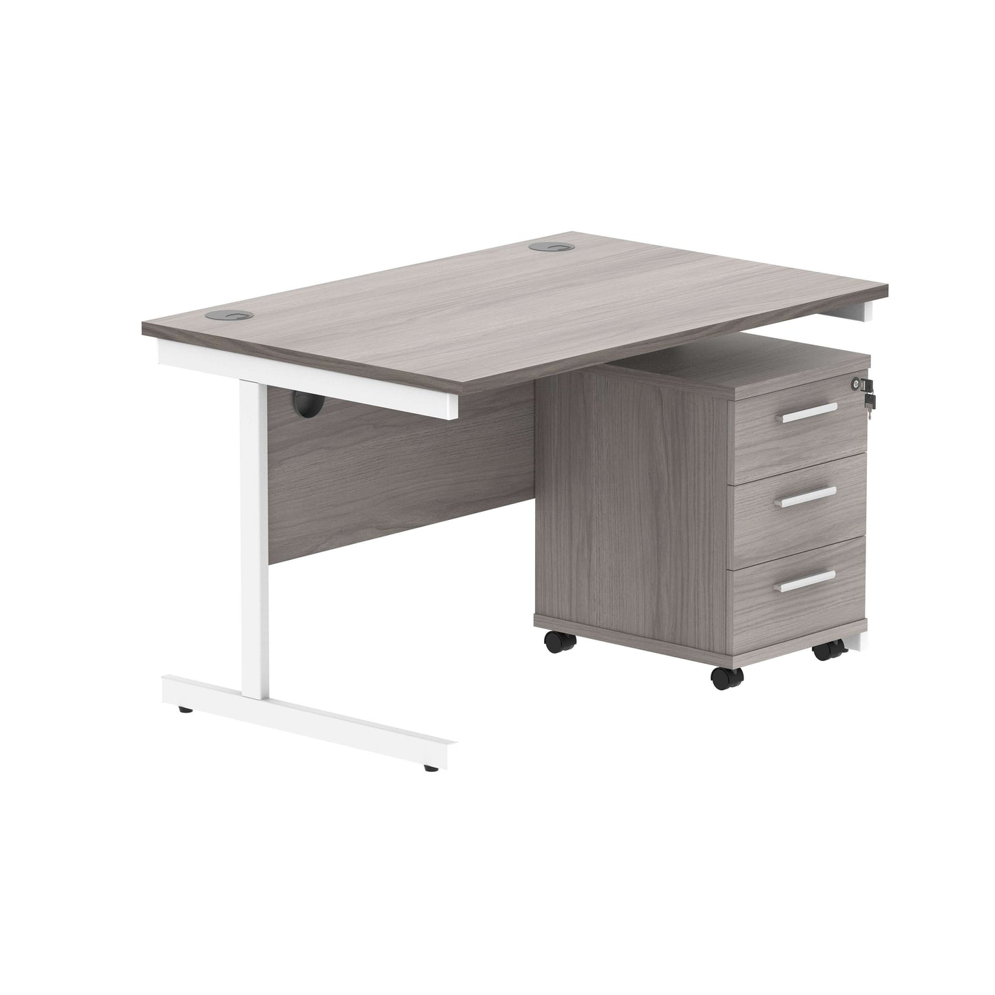 Single Upright Rectangular Desk + 3 Drawer Mobile Under Desk Pedestal (FSC) | 1200 X 800 | Alaskan Grey Oak/White