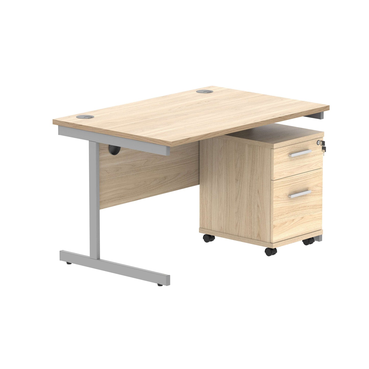 Single Upright Rectangular Desk + 2 Drawer Mobile Under Desk Pedestal (FSC) | 1200 X 800 | Canadian Oak/Silver