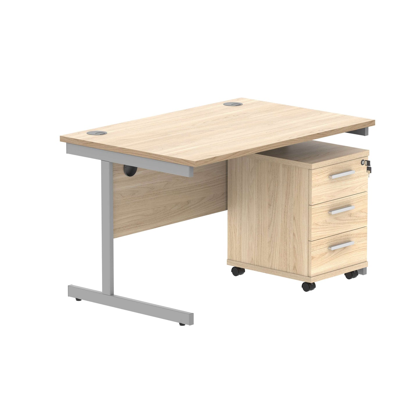 Single Upright Rectangular Desk + 3 Drawer Mobile Under Desk Pedestal (FSC) | 1200 X 800 | Canadian Oak/Silver