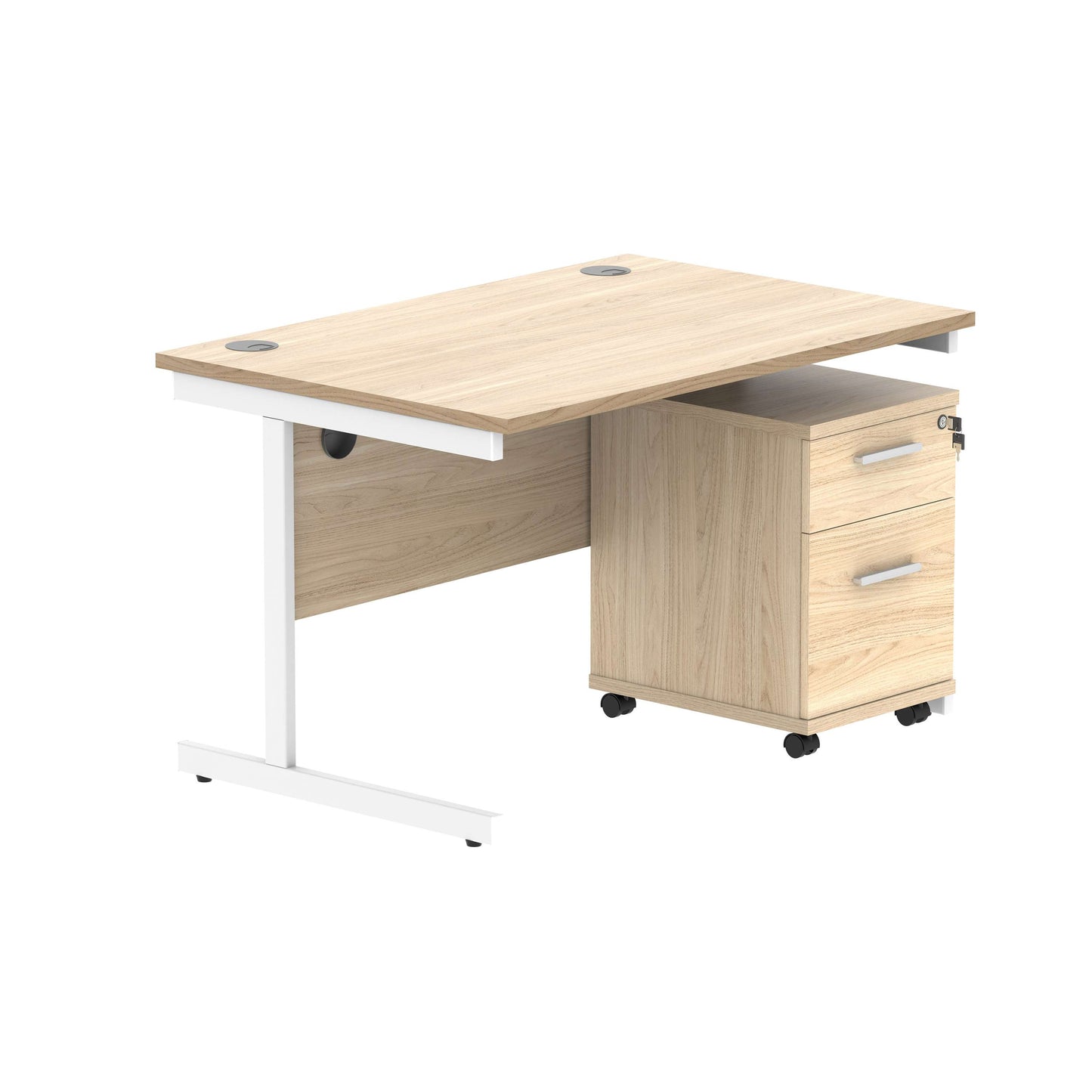 Single Upright Rectangular Desk + 2 Drawer Mobile Under Desk Pedestal (FSC) | 1200 X 800 | Canadian Oak/White