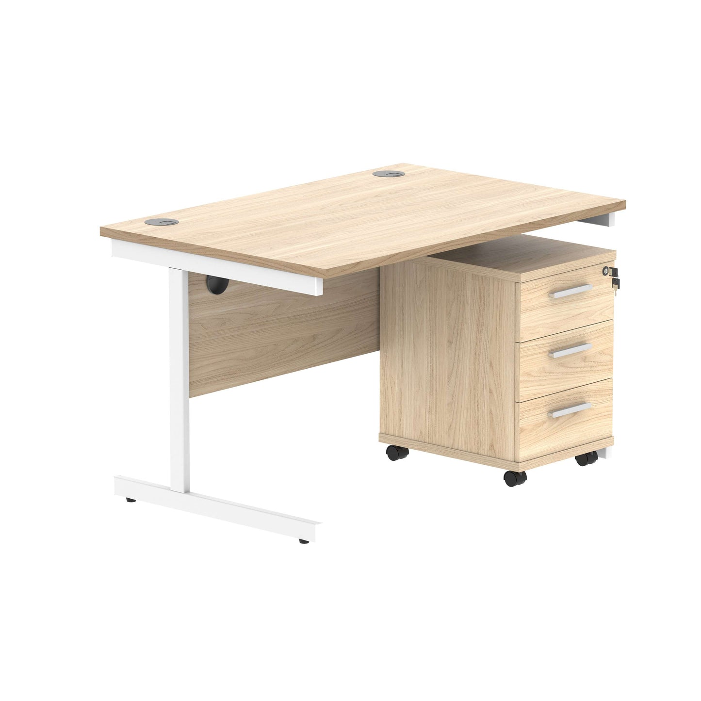 Single Upright Rectangular Desk + 3 Drawer Mobile Under Desk Pedestal (FSC) | 1200 X 800 | Canadian Oak/White