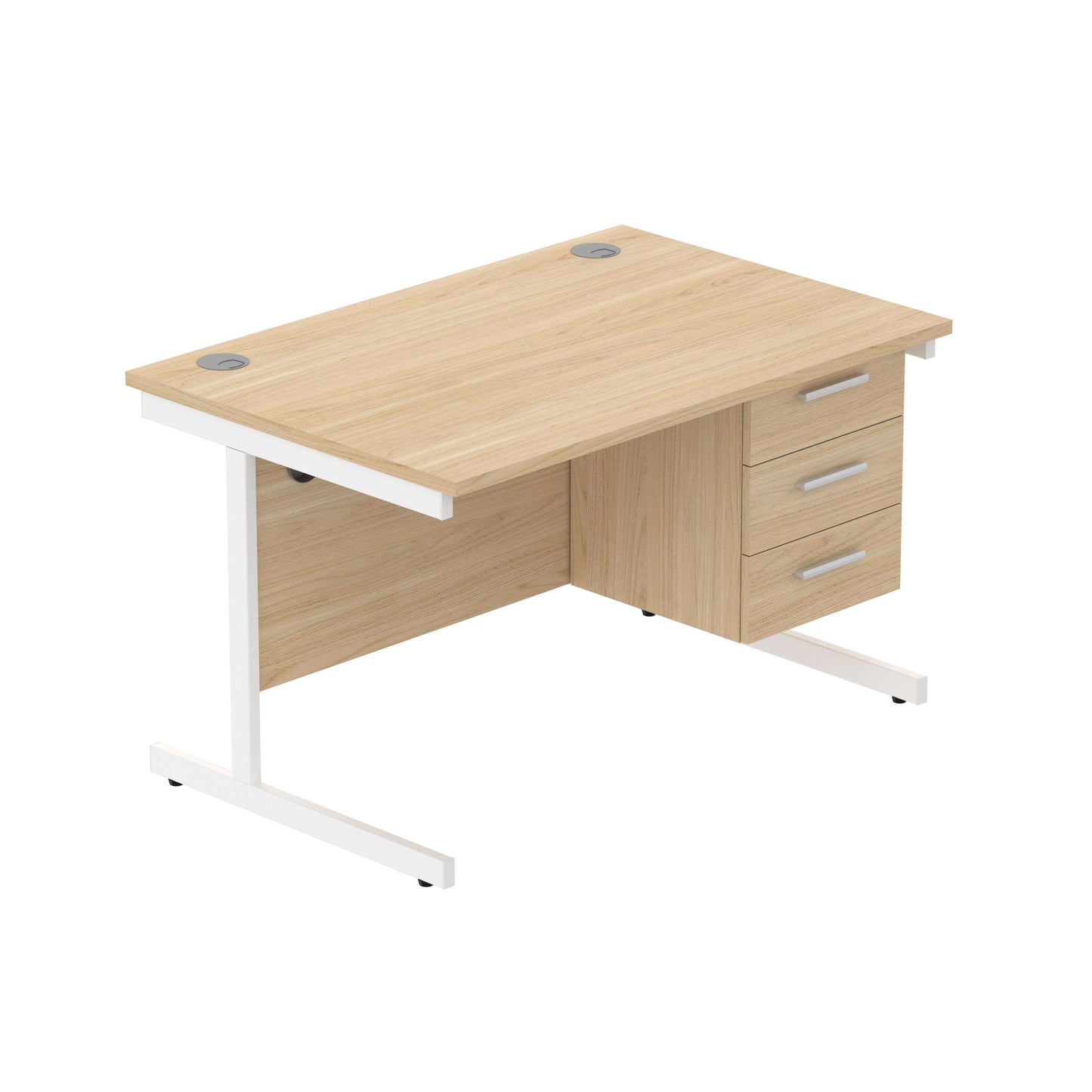 Office Rectangular Desk with Steel Single Upright Cantilever Legs + 3 Drawer Fixed Pedestal (FSC) | 1200X800 | Canadian Oak/White