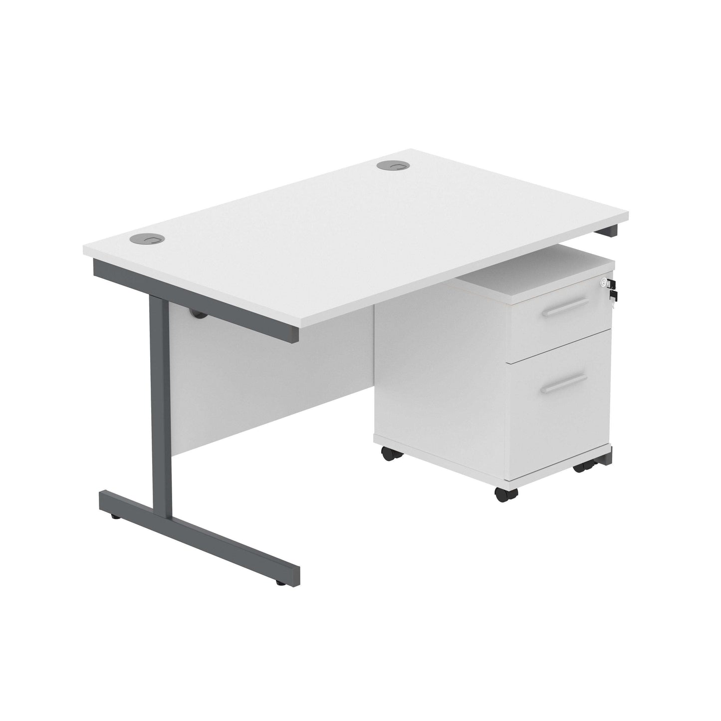 Single Upright Rectangular Desk + 2 Drawer Mobile Under Desk Pedestal (FSC) | 1200 X 800 | Arctic White/Graphite