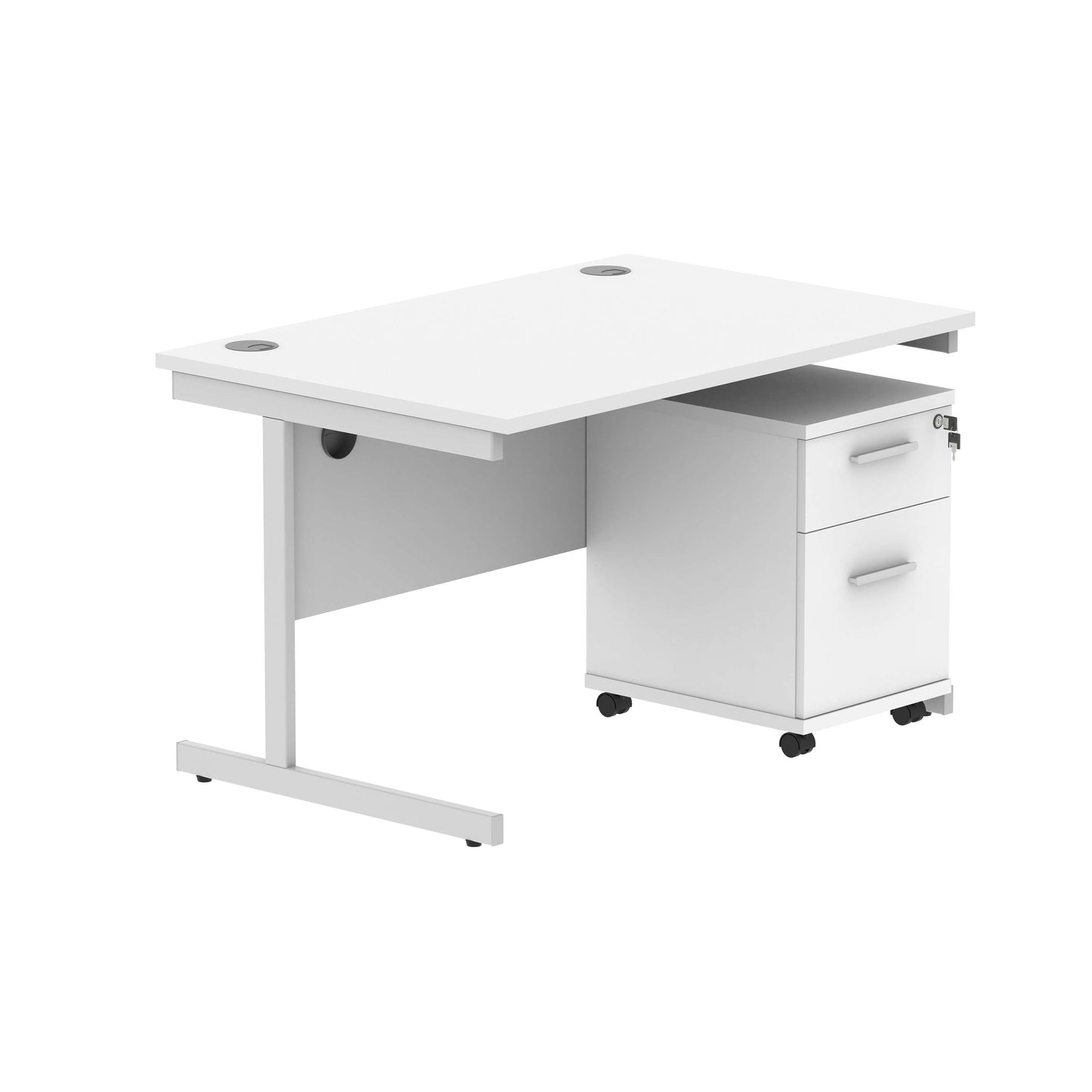 Single Upright Rectangular Desk + 2 Drawer Mobile Under Desk Pedestal (FSC) | 1200 X 800 | Arctic White/Silver