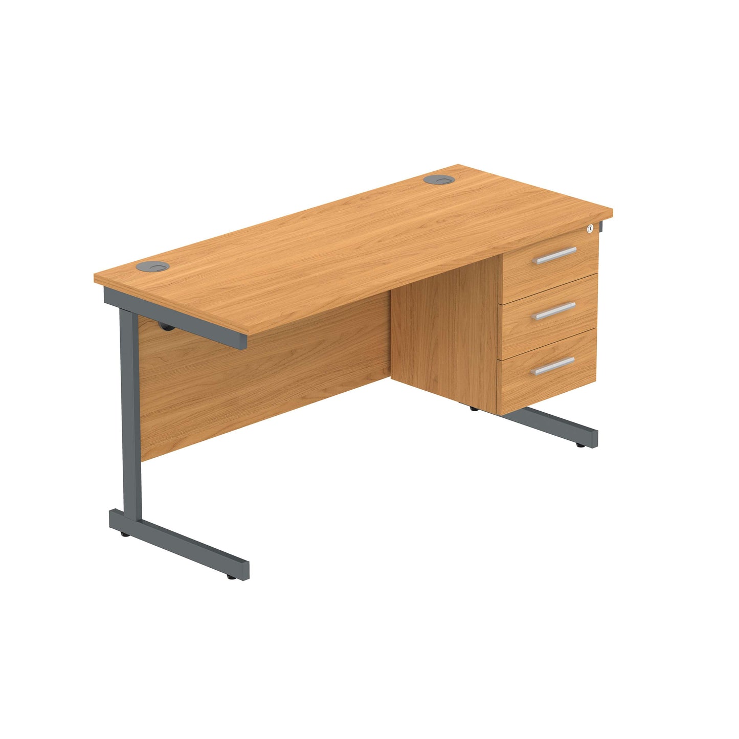 Office Rectangular Desk with Steel Single Upright Cantilever Legs + 3 Drawer Fixed Pedestal (FSC) | 1400X600 | Norwegian Beech/Graphite