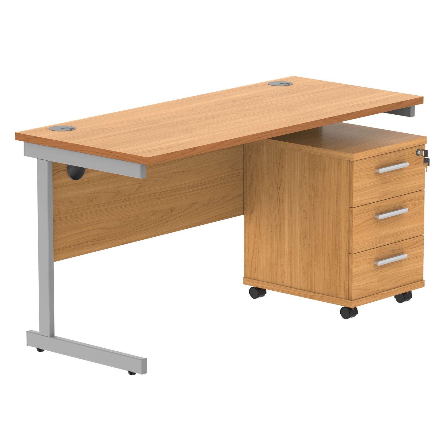 Single Upright Rectangular Desk + 3 Drawer Mobile Under Desk Pedestal (FSC) | 1400 X 600 | Norwegian Beech/Silver