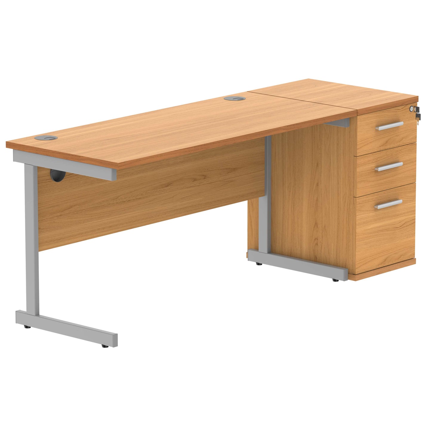 Single Upright Rectangular Desk + Desk High Pedestal (FSC) | 1400 X 600 | Norwegian Beech/Silver